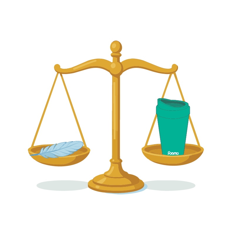 Illustration of scales showing Foamo and a feather weighing the same